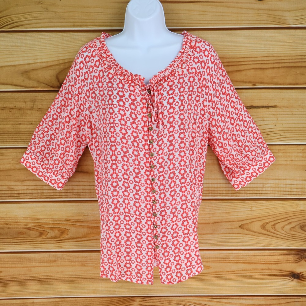 Red White Rounded V-Neck Blouse Womens Sz M Button Front‎ Tie Accent Half Sleeve
